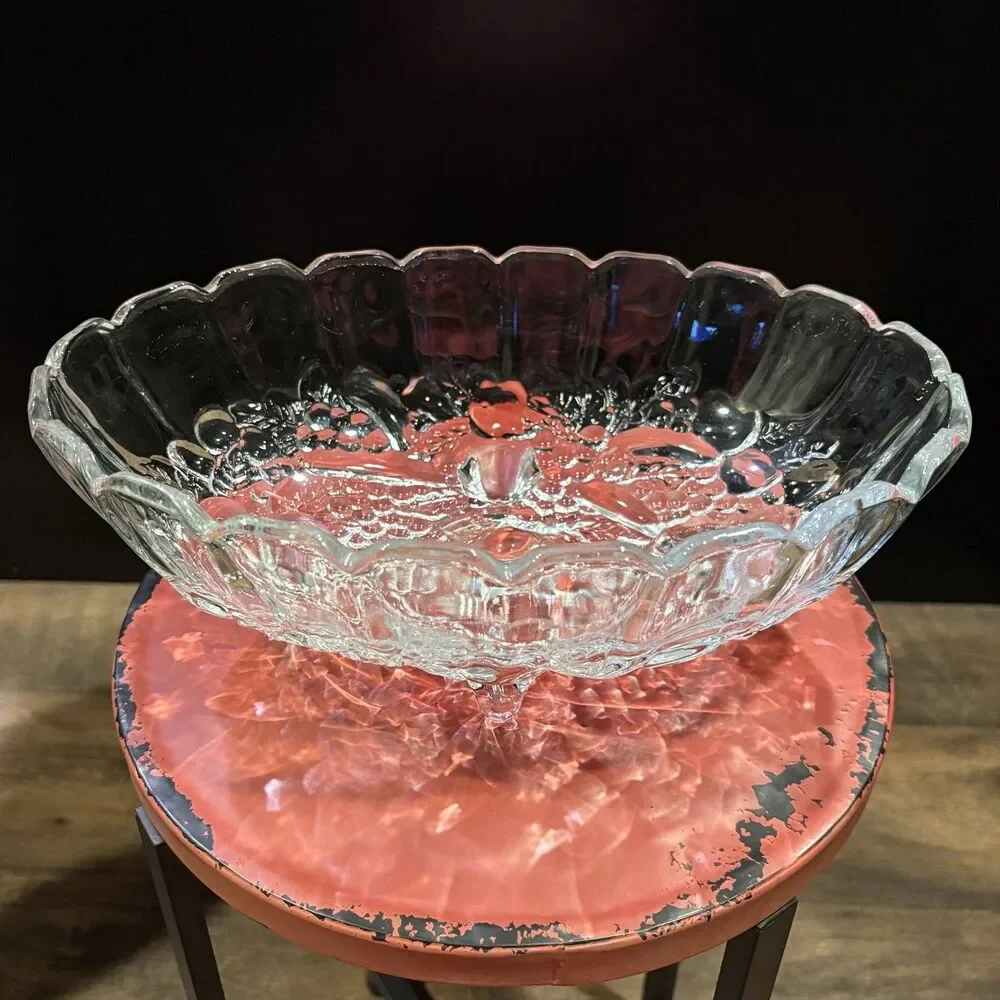 Vintage Clear Pressed Glass Footed Fruit Bowl Oval Scalloped 12” Serving Bowl